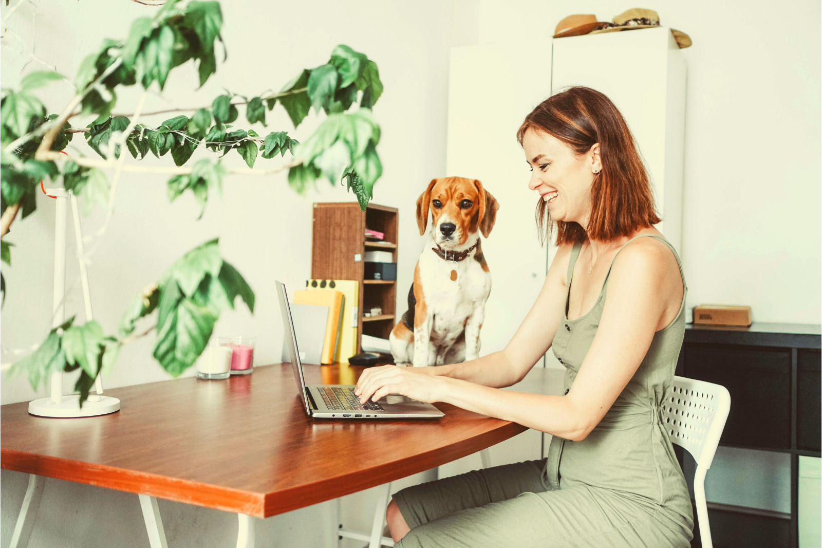 Woman Working from Home with Dog